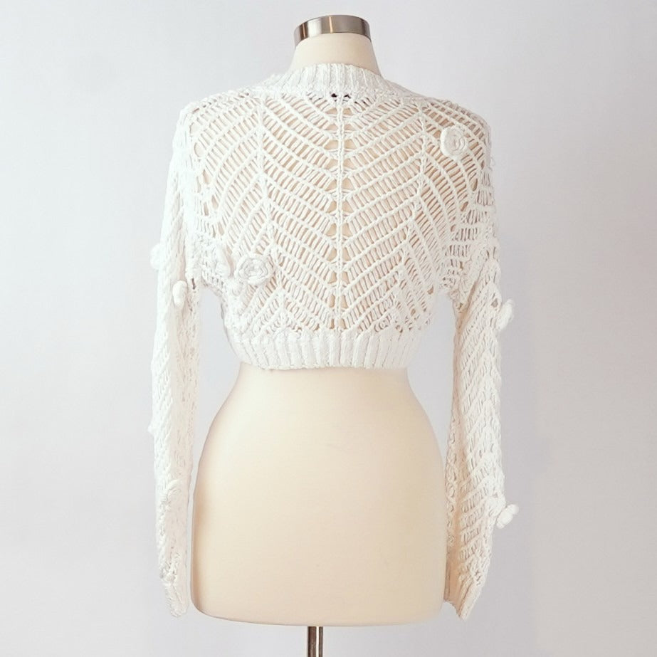 Zara Crochet Knit Crop Sweater Floral Details White - M