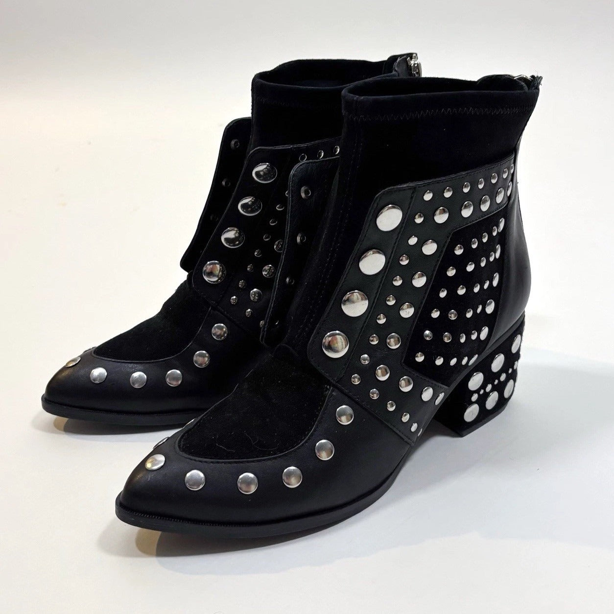 Cecelia New York Black Leather Silver Studded Ankle Boots Block Heel - 10