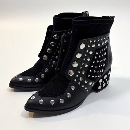 Cecelia New York Black Leather Silver Studded Ankle Boots Block Heel - 10