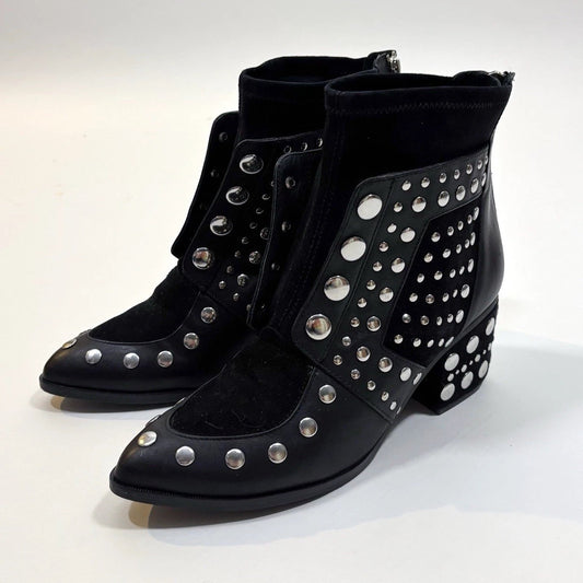 Cecelia New York Black Leather Silver Studded Ankle Boots Block Heel - 10