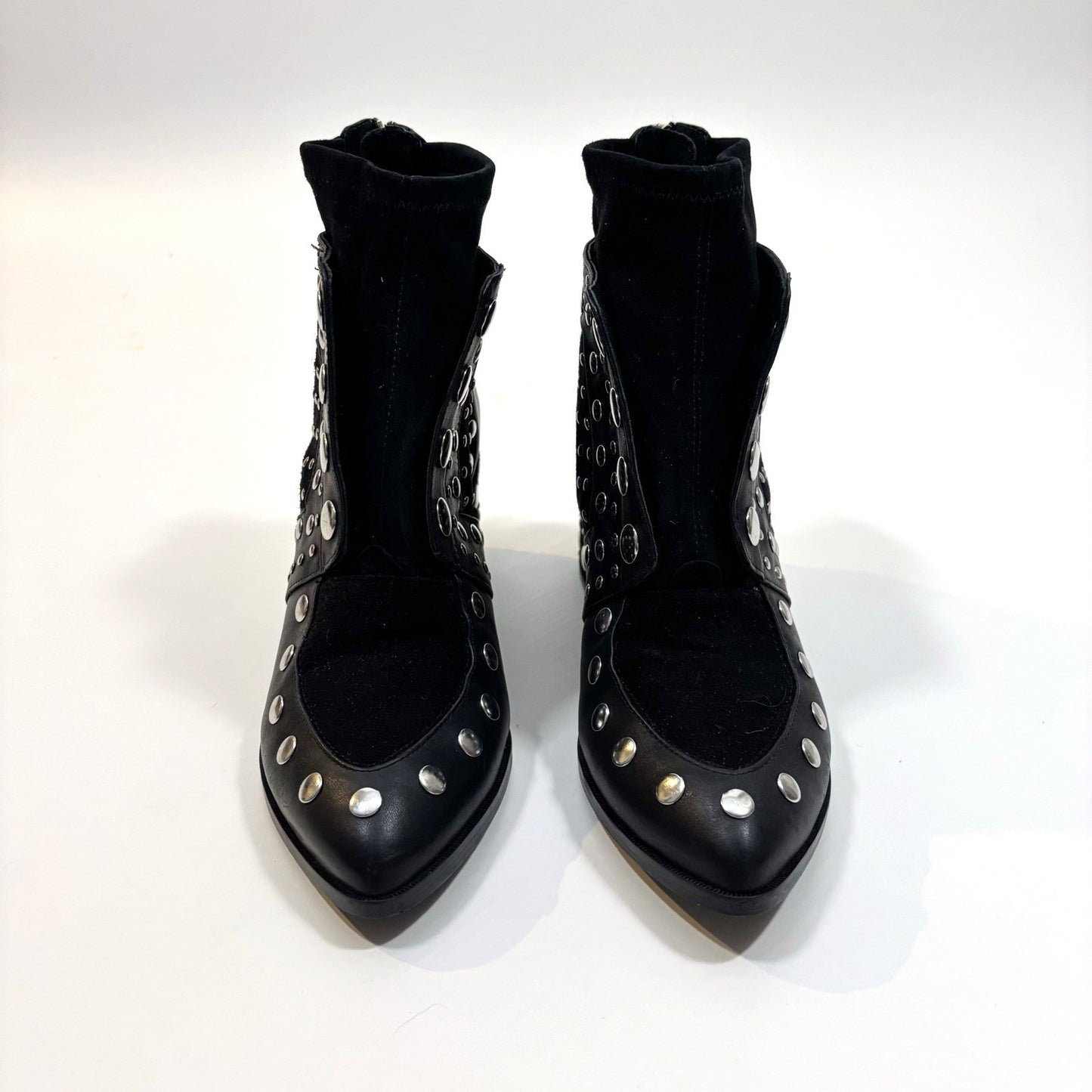 Cecelia New York Black Leather Silver Studded Ankle Boots Block Heel - 10