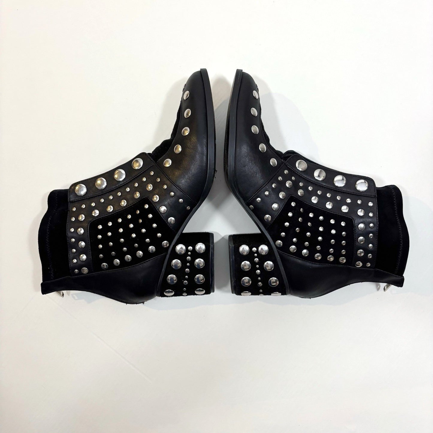 Cecelia New York Black Leather Silver Studded Ankle Boots Block Heel - 10
