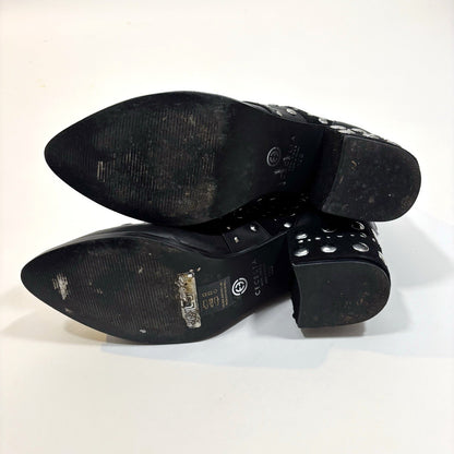 Cecelia New York Black Leather Silver Studded Ankle Boots Block Heel - 10