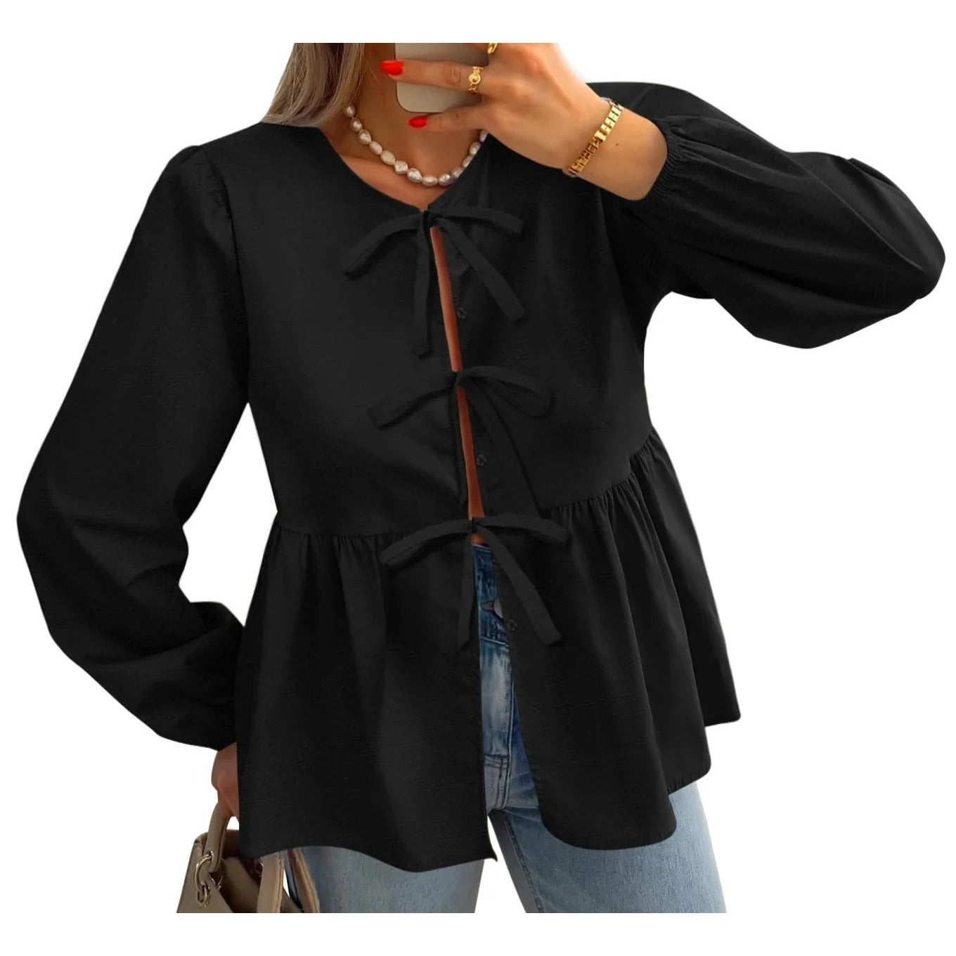 NWT Zesica Black Tie Front Long Puff Sleeve Peplum Babydoll Blouse - M