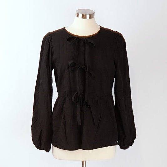 NWT Zesica Black Tie Front Long Puff Sleeve Peplum Babydoll Blouse - M