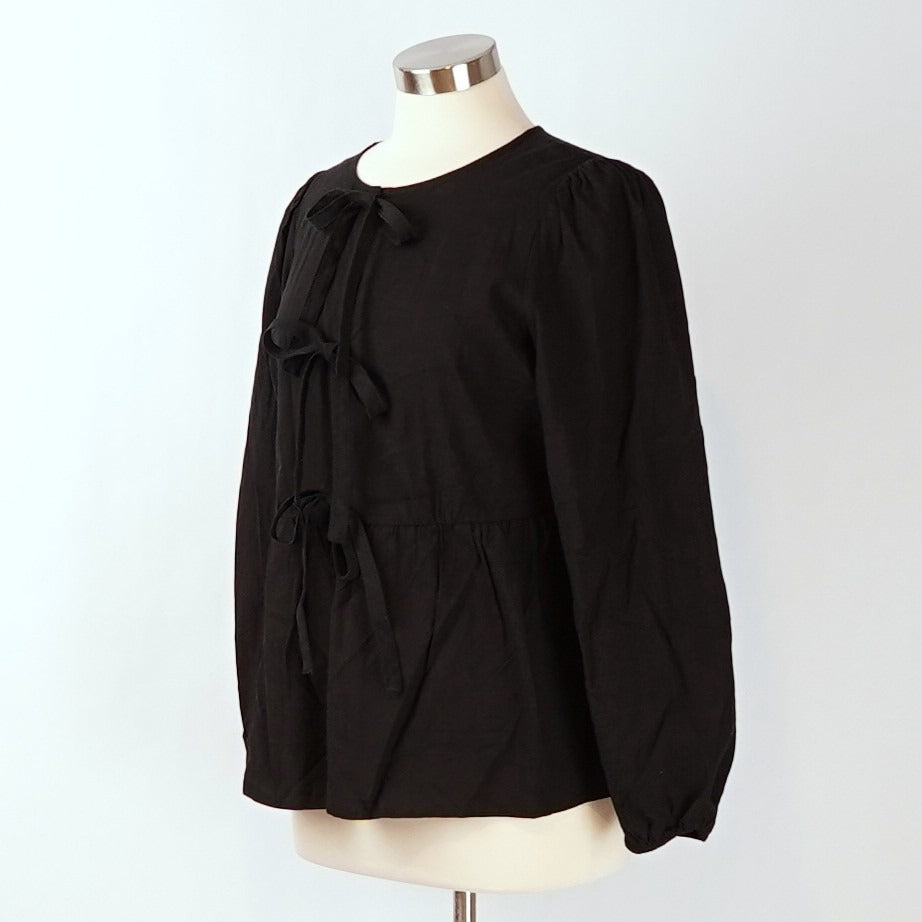 NWT Zesica Black Tie Front Long Puff Sleeve Peplum Babydoll Blouse - M