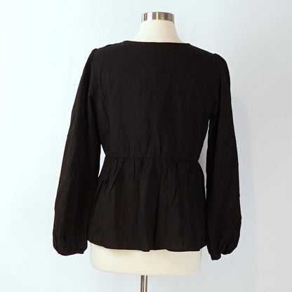 NWT Zesica Black Tie Front Long Puff Sleeve Peplum Babydoll Blouse - M