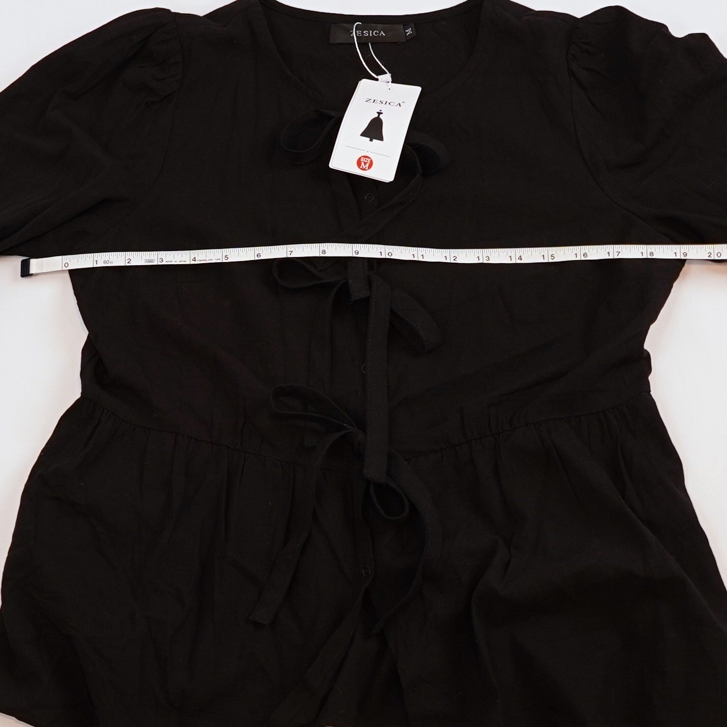 NWT Zesica Black Tie Front Long Puff Sleeve Peplum Babydoll Blouse - M