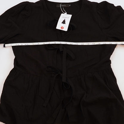 NWT Zesica Black Tie Front Long Puff Sleeve Peplum Babydoll Blouse - M