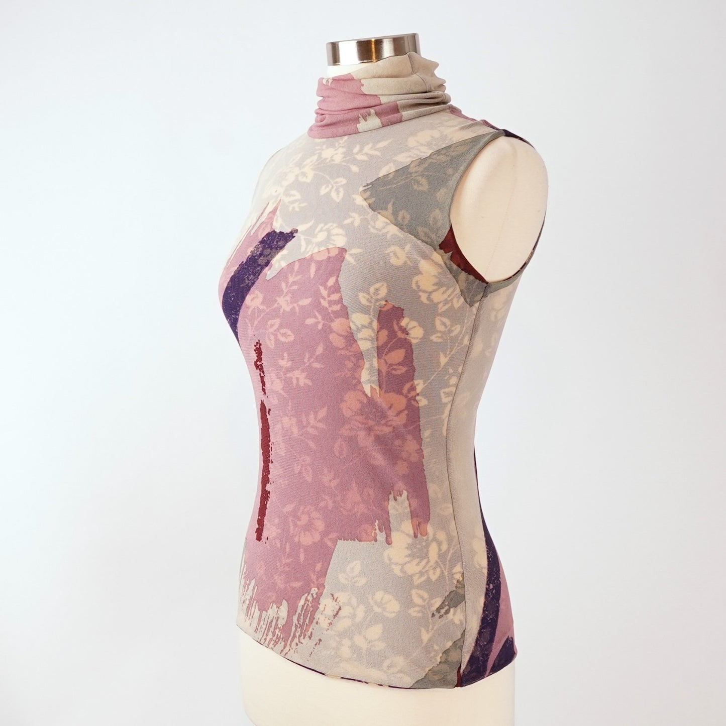 Petit Pois x Viviana G Sleeveless High Collar Top Abstract Purple Floral - M