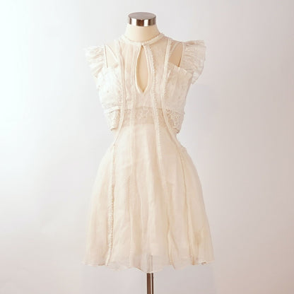 Free People Anna Twofer Lace Sheer Ruffles Crochet Overlay Mini Dress - S