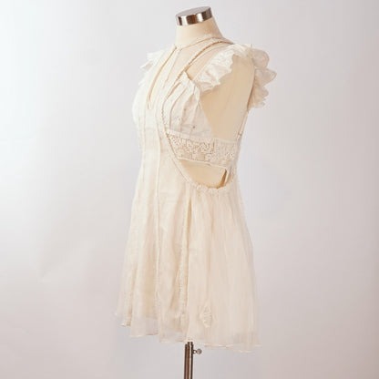Free People Anna Twofer Lace Sheer Ruffles Crochet Overlay Mini Dress - S
