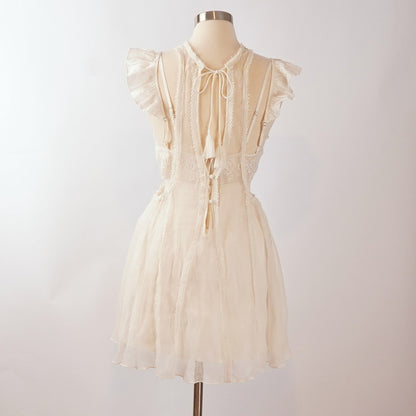 Free People Anna Twofer Lace Sheer Ruffles Crochet Overlay Mini Dress - S