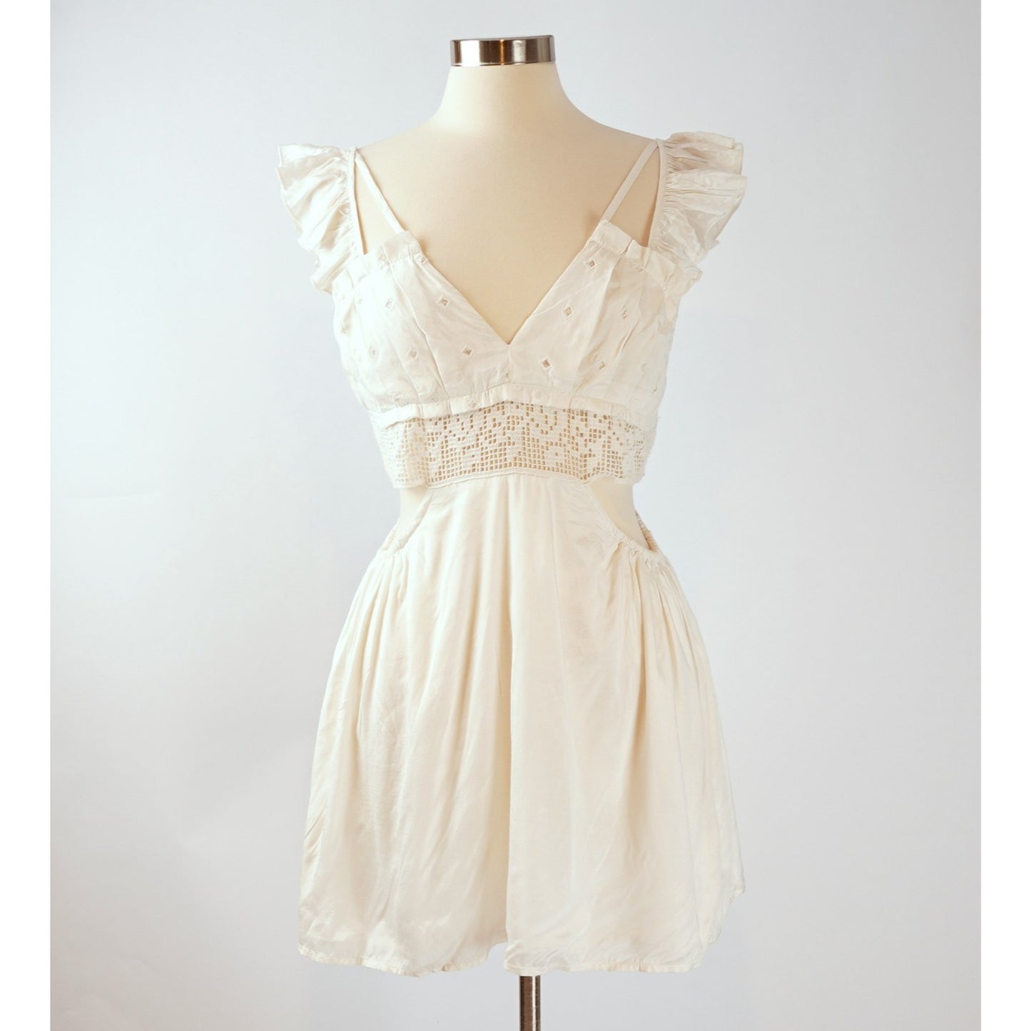 Free People Anna Twofer Lace Sheer Ruffles Crochet Overlay Mini Dress - S