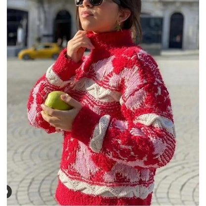 Zara Jacquard Knit Pink Red Sweater - M