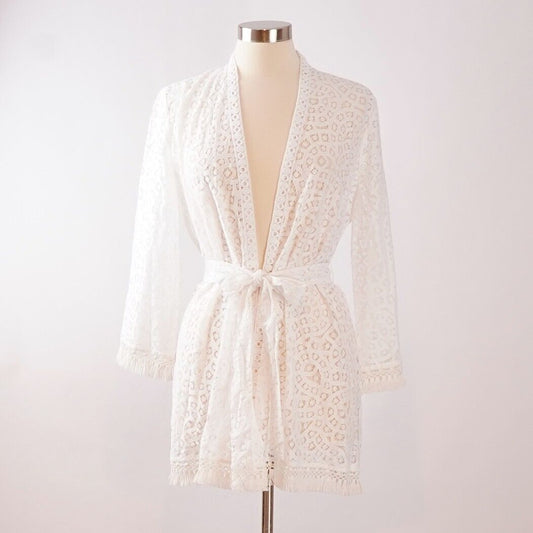 Lilly Pulitzer White Lace Carolyn Coverup Kimono Belted Fringe - M