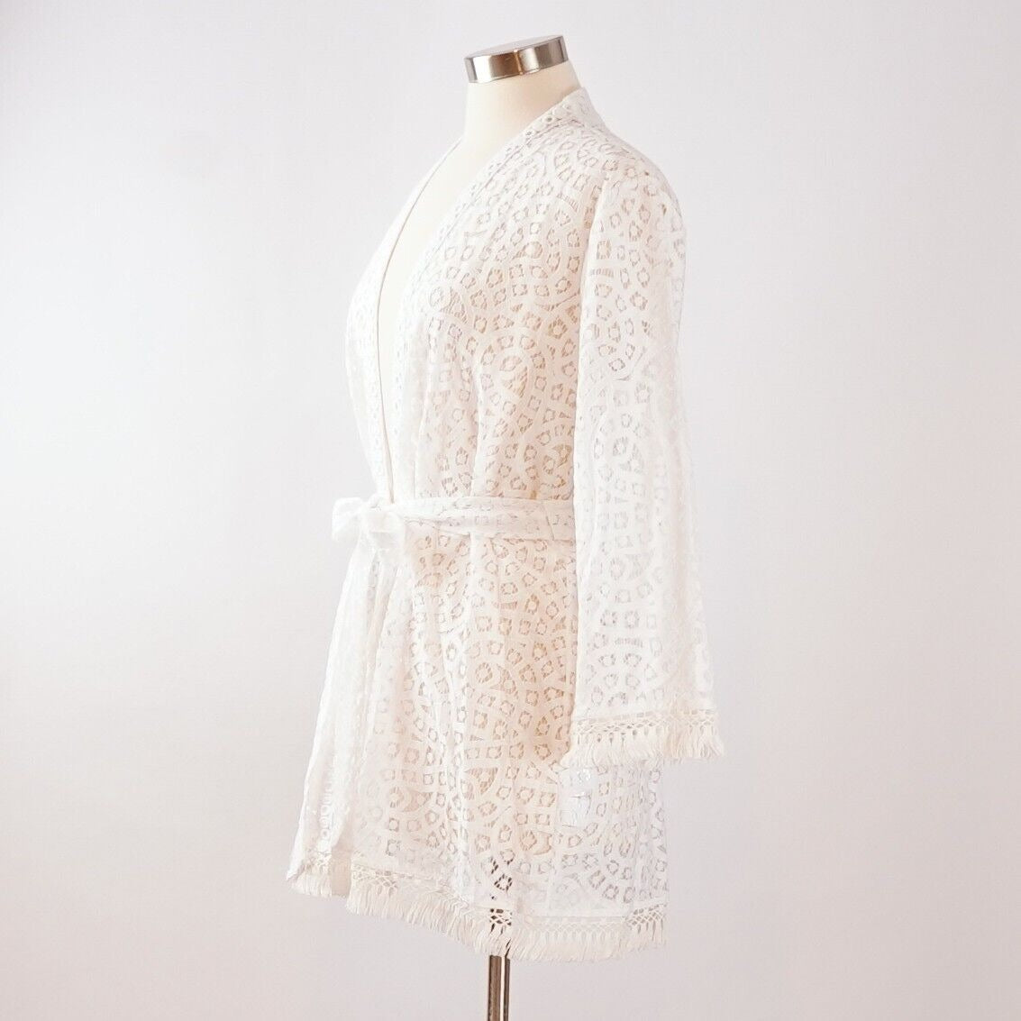 Lilly Pulitzer White Lace Carolyn Coverup Kimono Belted Fringe - M