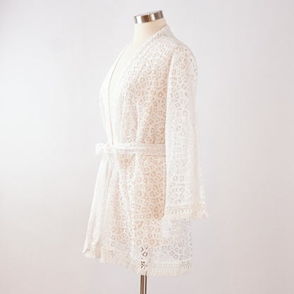 Lilly Pulitzer White Lace Carolyn Coverup Kimono Belted Fringe - M