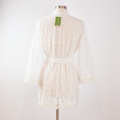 Lilly Pulitzer White Lace Carolyn Coverup Kimono Belted Fringe - M