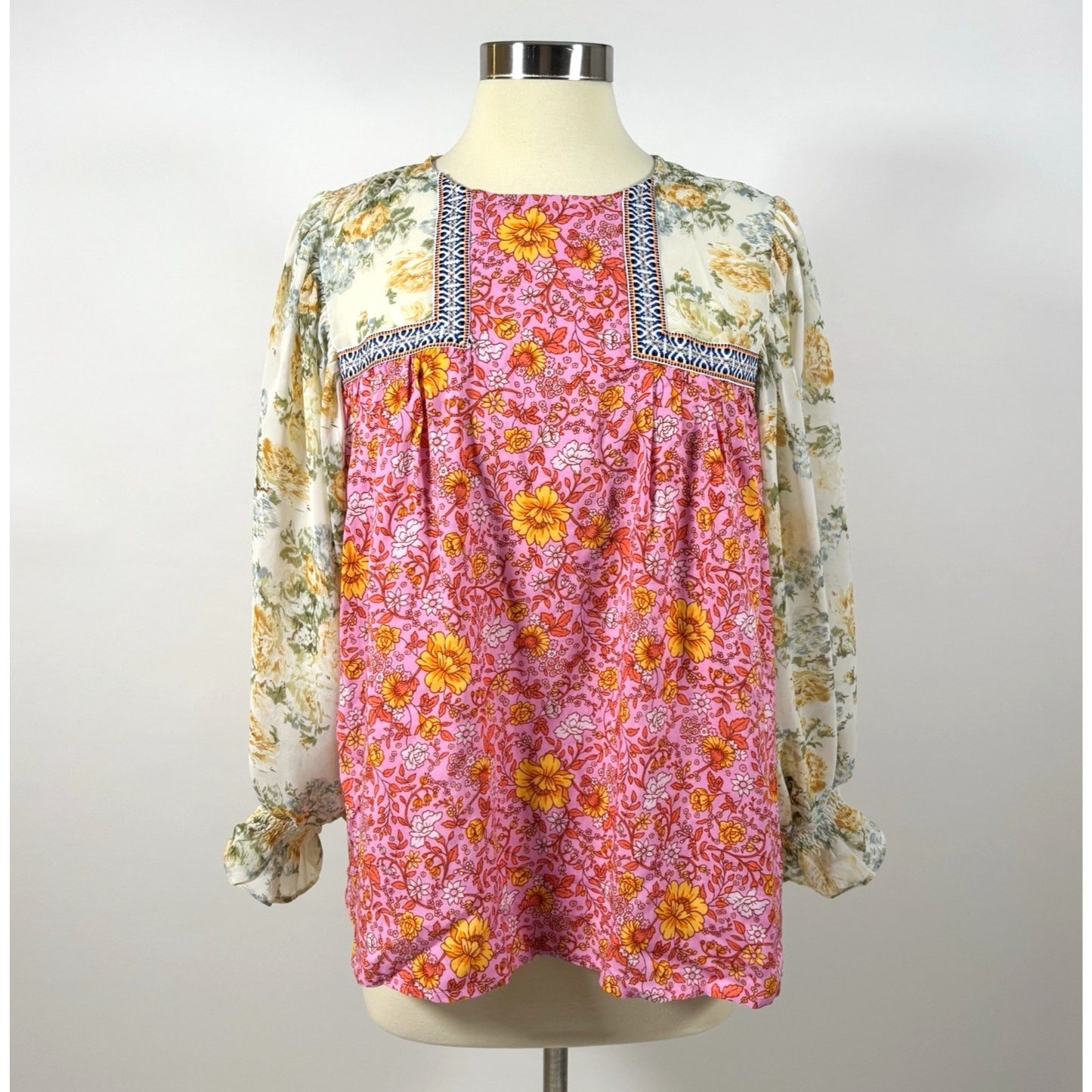 Entro Bright Floral Mixed Print Embroidered Blouse - S