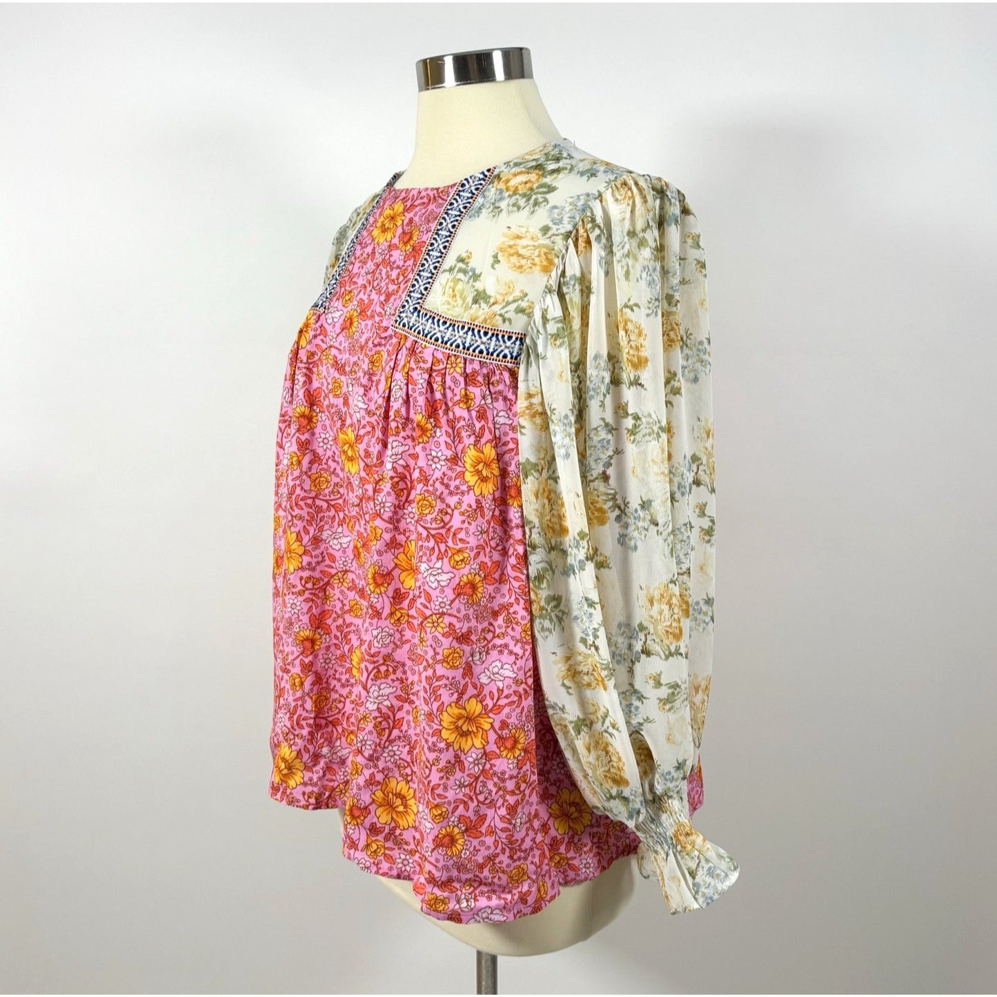 Entro Bright Floral Mixed Print Embroidered Blouse - S