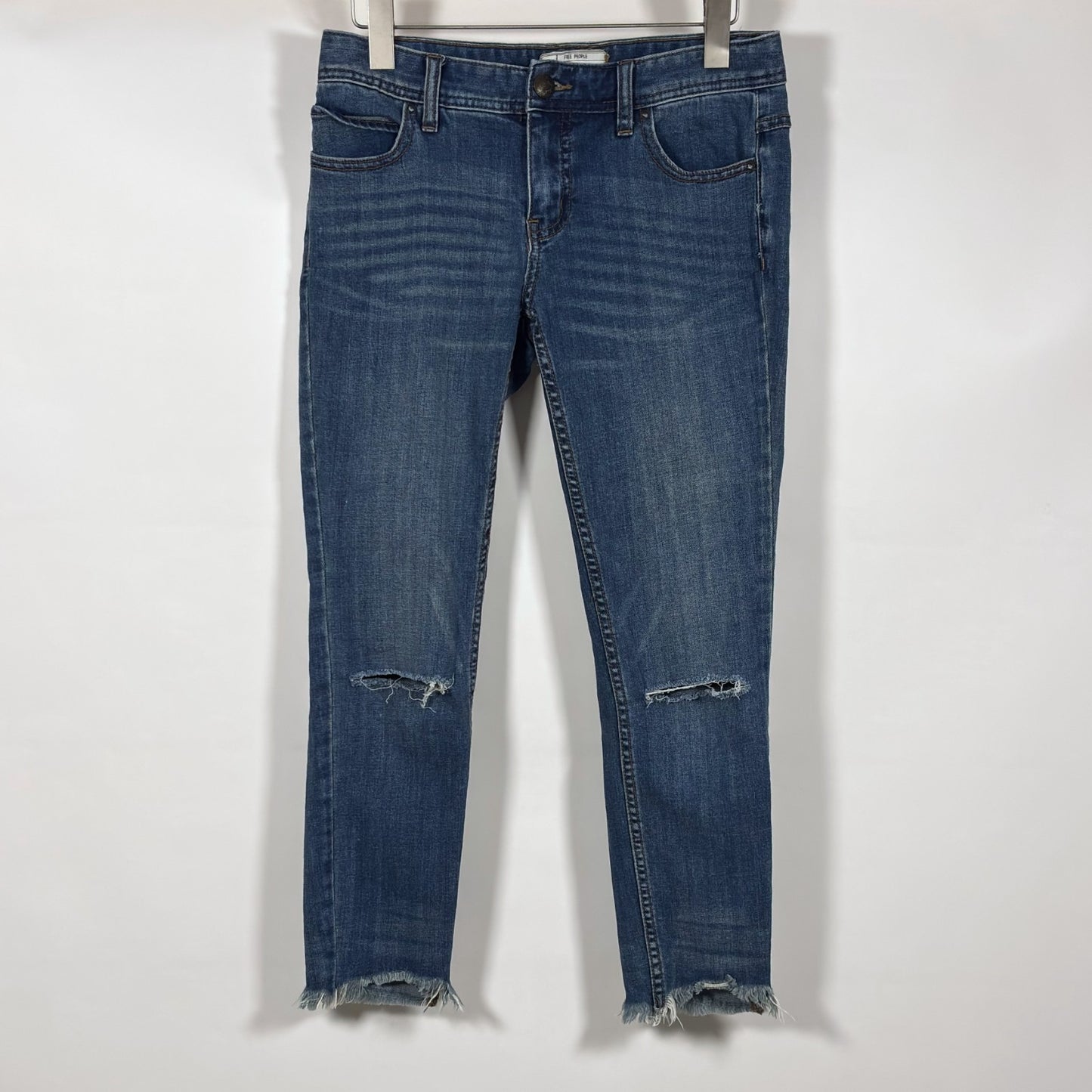 Free People Raw Hem Low Rise Distressed Skinny Jeans Medium Wash - 27