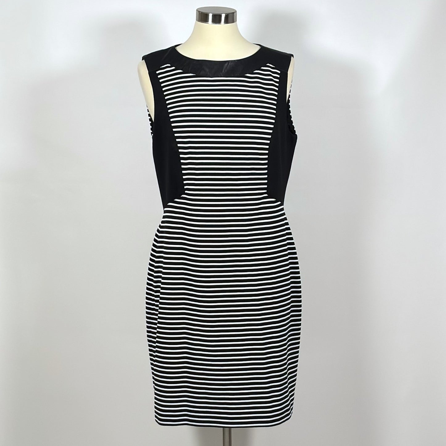 Anne Klein Striped Sheath Dress Vegan Leather Black White - 14