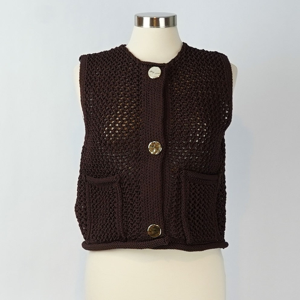 Vigoss Crochet Sweater Vest Chocolate Brown Gold Buttons - S