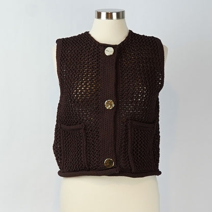 Vigoss Crochet Sweater Vest Chocolate Brown Gold Buttons - S
