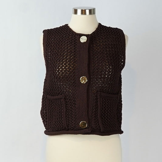 Vigoss Crochet Sweater Vest Chocolate Brown Gold Buttons - S