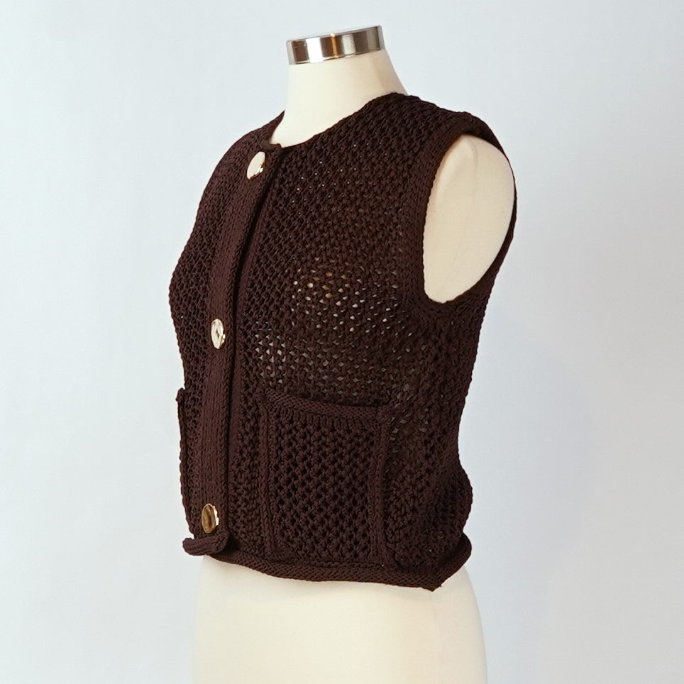 Vigoss Crochet Sweater Vest Chocolate Brown Gold Buttons - S