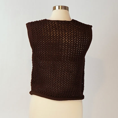 Vigoss Crochet Sweater Vest Chocolate Brown Gold Buttons - S