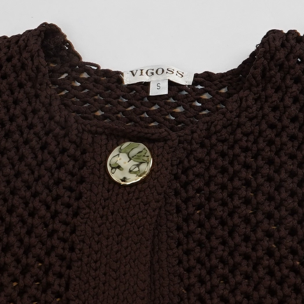 Vigoss Crochet Sweater Vest Chocolate Brown Gold Buttons - S