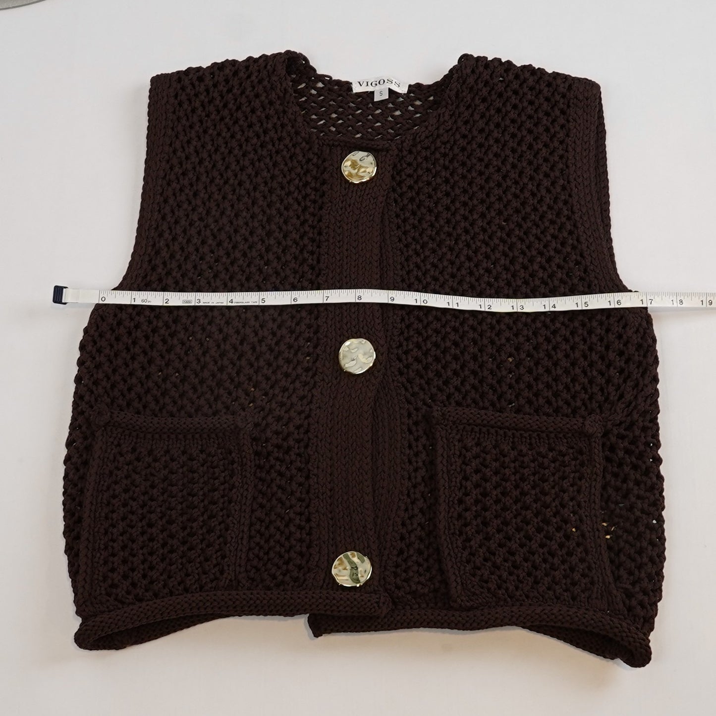 Vigoss Crochet Sweater Vest Chocolate Brown Gold Buttons - S