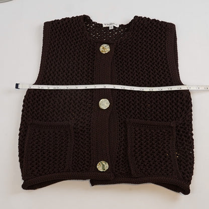 Vigoss Crochet Sweater Vest Chocolate Brown Gold Buttons - S