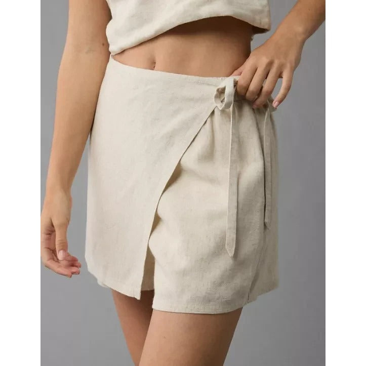 American Eagle Linen Blend Faux Wrap Skort Natural Beige - S