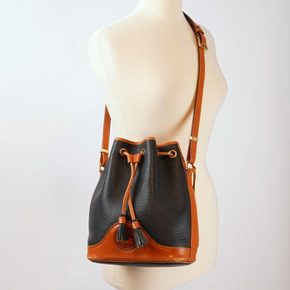 Dooney & Bourke Vintage Drawstring Bucket Bag Navy Brown Leather