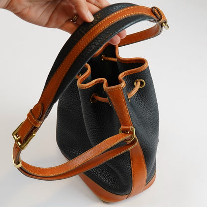 Dooney & Bourke Vintage Drawstring Bucket Bag Navy Brown Leather