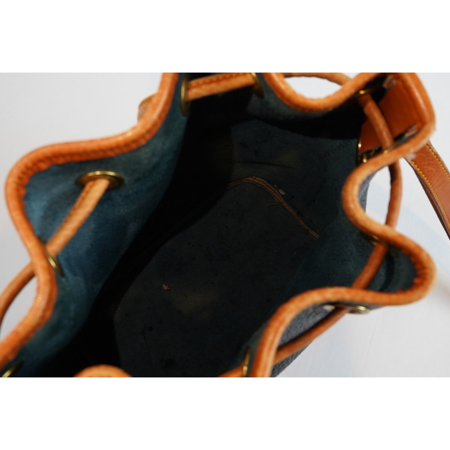 Dooney & Bourke Vintage Drawstring Bucket Bag Navy Brown Leather