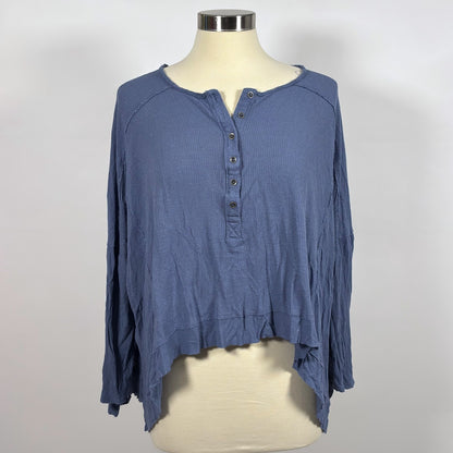 Free People Waffle Knit Oversized Henley Top Hi Low Hem Dusty Blue - S