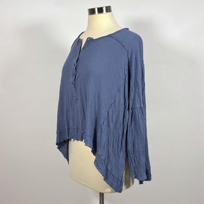 Free People Waffle Knit Oversized Henley Top Hi Low Hem Dusty Blue - S