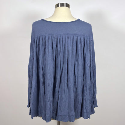 Free People Waffle Knit Oversized Henley Top Hi Low Hem Dusty Blue - S