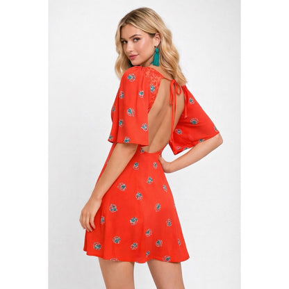 Free People Mockingbird Coral Red Floral Backless Mini Dress - 2/XS