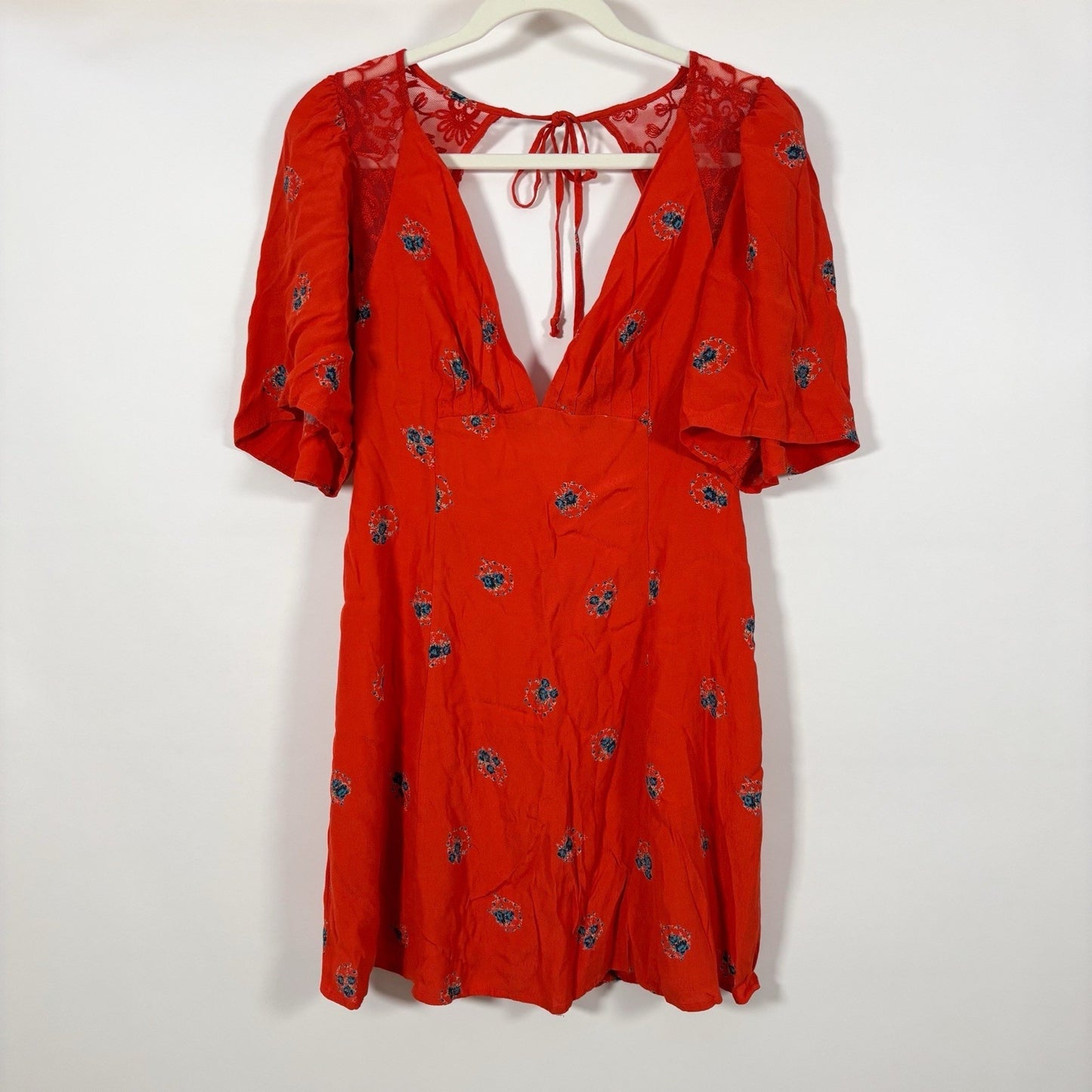 Free People Mockingbird Coral Red Floral Backless Mini Dress - 2/XS