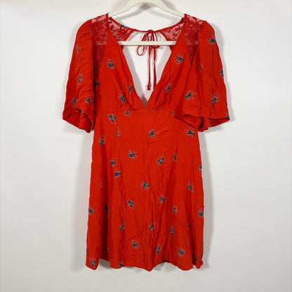 Free People Mockingbird Coral Red Floral Backless Mini Dress - 2/XS