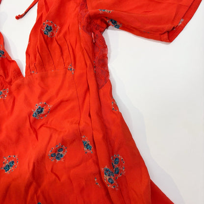 Free People Mockingbird Coral Red Floral Backless Mini Dress - 2/XS