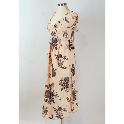 Free People Forget Me Not Maxi Dress Pastel Pink Floral Gauze Smocked - S