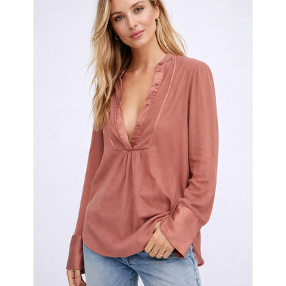 Free People Free Bird Striped Pullover Long Sleeve Blouse Rust Mauve - Small