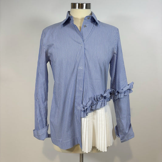 D. Exterior Button Up Blouse Ruffled Pinstripe Pleated Peekaboo Italy Medium