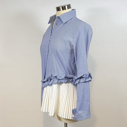 D. Exterior Button Up Blouse Ruffled Pinstripe Pleated Peekaboo Italy Medium